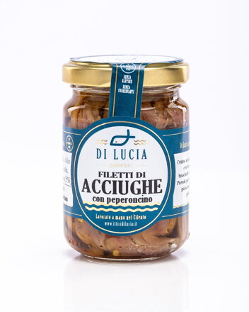 DI LUCIA  Filetti di Acciughe con peperoncino in olio di oliva 150g - Ančovičky s čili v olivovom oleji 150g