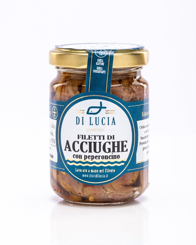 DI LUCIA  Filetti di Acciughe con peperoncino in olio di oliva 150g - Ančovičky s čili v olivovom oleji 150g